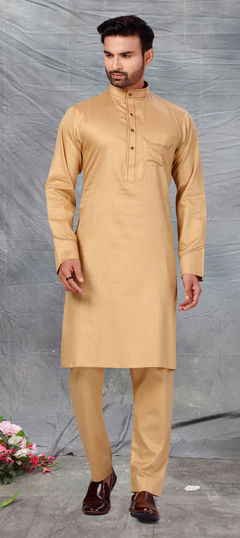 Gold color Kurta Pyjamas in Cotton fabric with Thread work