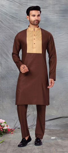 Beige and Brown color Kurta Pyjamas in Cotton fabric with Thread work