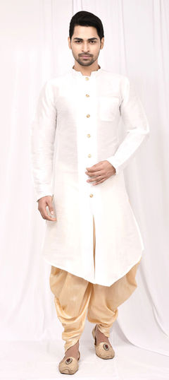 White and Off White color Dhoti Kurta in Art Dupion Silk fabric with Thread work
