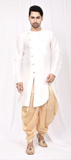 White and Off White color Dhoti Kurta in Art Dupion Silk fabric with Thread work