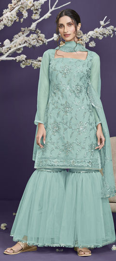 Blue color Salwar Kameez in Net fabric with Embroidered, Sequence, Thread work