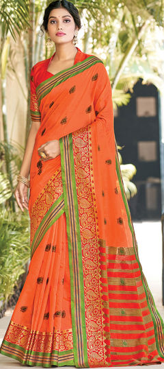 Orange color Saree in Cotton fabric with Weaving work