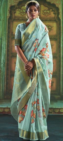 Blue color Saree in Linen fabric with Floral, Printed work