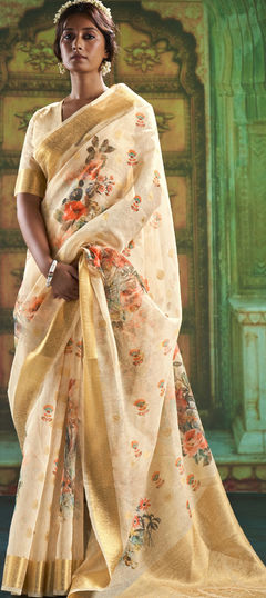 Traditional Beige and Brown color Saree in Linen fabric with Bengali Floral, Printed work : 1758341