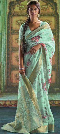 Traditional Blue color Saree in Linen fabric with Bengali Floral, Printed work : 1758342