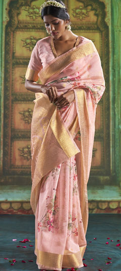 Pink and Majenta color Saree in Linen fabric with Floral, Printed work