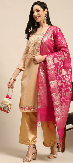 Beige and Brown color Salwar Kameez in Chanderi Silk fabric with Embroidered, Resham, Thread work