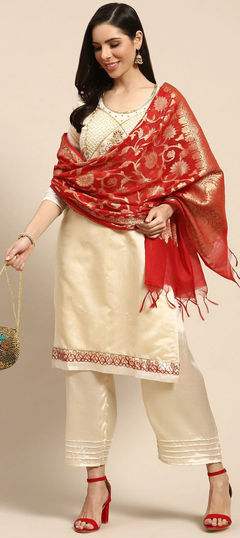 Beige and Brown color Salwar Kameez in Chanderi Silk fabric with Embroidered, Resham, Thread work