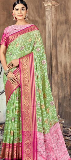 Green color Saree in Art Silk, Silk fabric with Weaving work