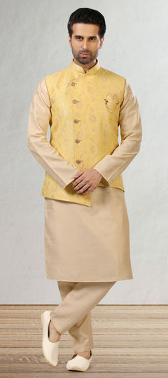 Beige and Brown, Yellow color Kurta Pyjama with Jacket in Banarasi Silk fabric with Weaving work