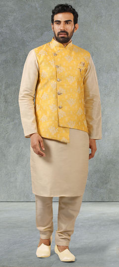 Beige and Brown, Yellow color Kurta Pyjama with Jacket in Banarasi Silk fabric with Weaving work