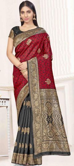 Black and Grey, Red and Maroon color Saree in Art Silk, Silk fabric with Weaving work