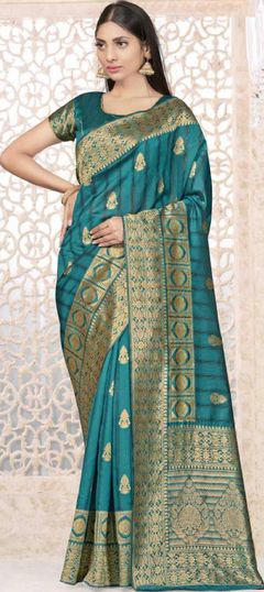 Blue color Saree in Art Silk, Silk fabric with Weaving work