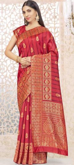 Pink and Majenta color Saree in Art Silk, Silk fabric with Weaving work