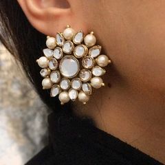 Gold Rodium Polish White and Off White color Earrings in Metal Alloy studded with Pearl