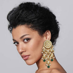 Gold Rodium Polish Green, White and Off White color Earrings in Metal Alloy studded with Pearl