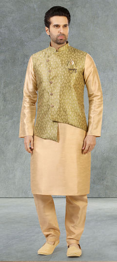 Beige and Brown, Green color Kurta Pyjama with Jacket in Banarasi Silk fabric with Weaving work