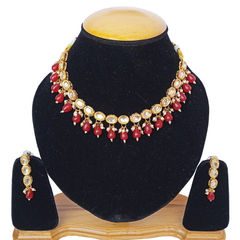 Gold Rodium Polish Red and Maroon color Necklace in Metal Alloy studded with Kundan