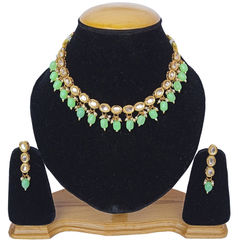 Gold Rodium Polish Green color Necklace in Metal Alloy studded with Kundan