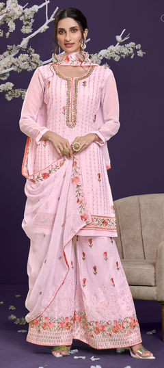 Pink and Majenta color Salwar Kameez in Georgette fabric with Embroidered, Resham, Sequence, Stone, Thread work