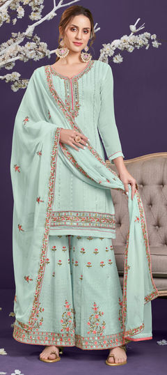 Blue color Salwar Kameez in Georgette fabric with Bugle Beads, Embroidered, Mirror, Resham, Sequence, Thread work