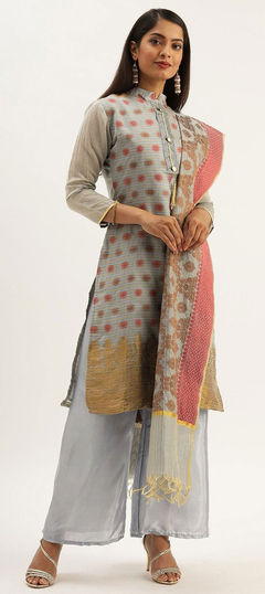 Black and Grey color Salwar Kameez in Banarasi Silk fabric with Weaving work