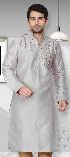 Black and Grey color Kurta in Dupion Silk fabric with Embroidered, Resham, Thread work