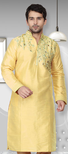 Yellow color Kurta in Dupion Silk fabric with Embroidered, Resham, Thread work