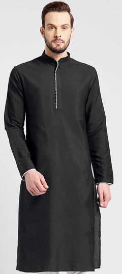 Black and Grey color Kurta in Dupion Silk fabric with Lace work