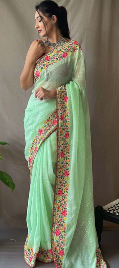 Green color Saree in Georgette fabric with Embroidered, Sequence, Thread work