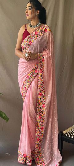 Pink and Majenta color Saree in Georgette fabric with Embroidered, Sequence, Thread work