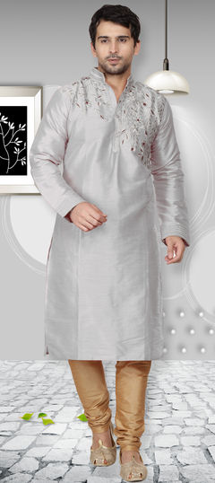 Black and Grey color Kurta Pyjamas in Dupion Silk fabric with Embroidered, Thread work