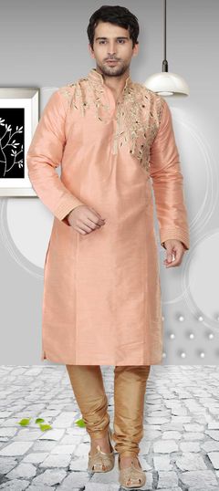 Pink and Majenta color Kurta Pyjamas in Dupion Silk fabric with Embroidered, Thread work