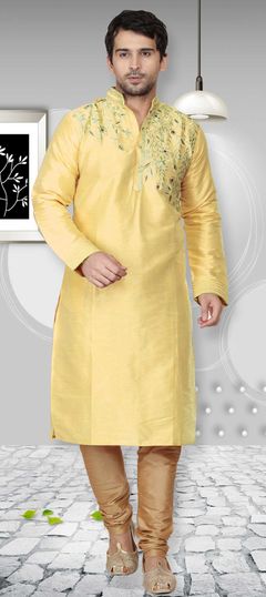 Yellow color Kurta Pyjamas in Dupion Silk fabric with Embroidered, Thread work