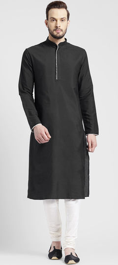 Black and Grey color Kurta Pyjamas in Dupion Silk fabric with Embroidered, Thread work