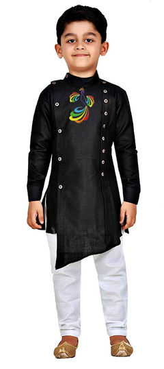 Black and Grey color Boys Kurta Pyjama in Dupion Silk fabric with Embroidered, Thread work : 1759256