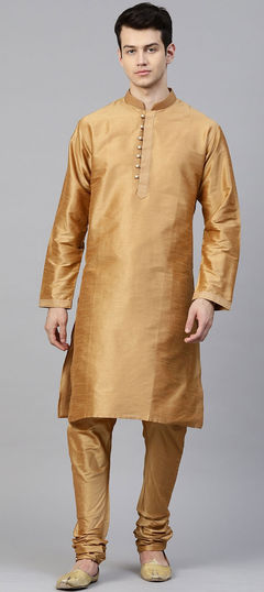 Gold color Kurta Pyjamas in Dupion Silk fabric with Thread work