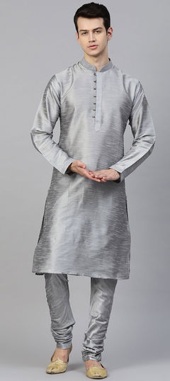 Black and Grey color Kurta Pyjamas in Dupion Silk fabric with Thread work