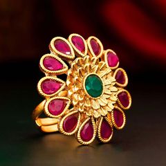 Gold Rodium Polish Pink and Majenta color Ring in Copper studded with Kundan