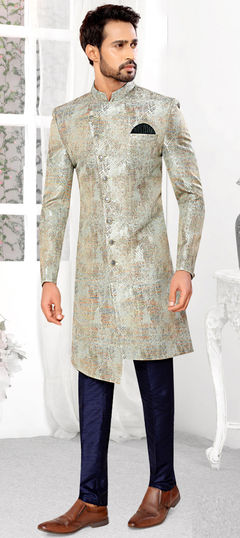 Blue color IndoWestern Dress in Jacquard fabric with Printed work