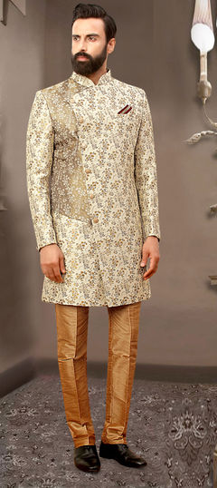 Beige and Brown color IndoWestern Dress in Brocade fabric with Floral, Printed, Weaving work