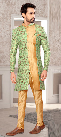 Green color IndoWestern Dress in Brocade fabric with Floral, Printed, Weaving work