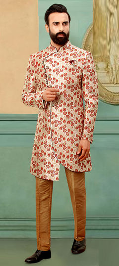 Red and Maroon color IndoWestern Dress in Brocade fabric with Weaving work