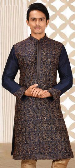 Blue color Kurta in Art Dupion Silk fabric with Embroidered, Thread work