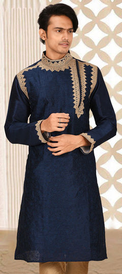 Blue color Kurta in Art Dupion Silk fabric with Embroidered, Thread work