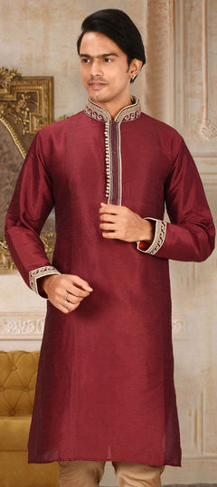 Red and Maroon color Kurta in Art Dupion Silk fabric with Embroidered, Thread work