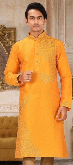 Yellow color Kurta in Art Dupion Silk fabric with Embroidered, Thread work