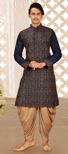 Blue color IndoWestern Dress in Art Dupion Silk fabric with Embroidered, Thread work