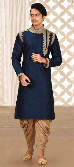 Blue color IndoWestern Dress in Art Dupion Silk fabric with Embroidered, Thread work