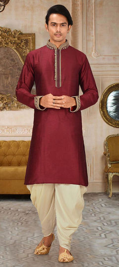 Red and Maroon color IndoWestern Dress in Art Dupion Silk fabric with Embroidered, Thread work